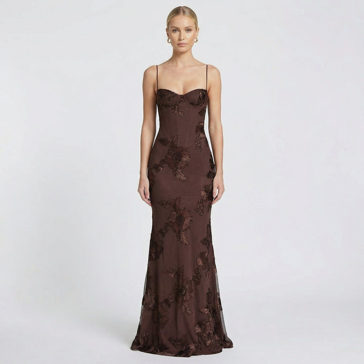 Women's Fitted Maxi Dress Open Back Corset Spaghetti Strap Gown