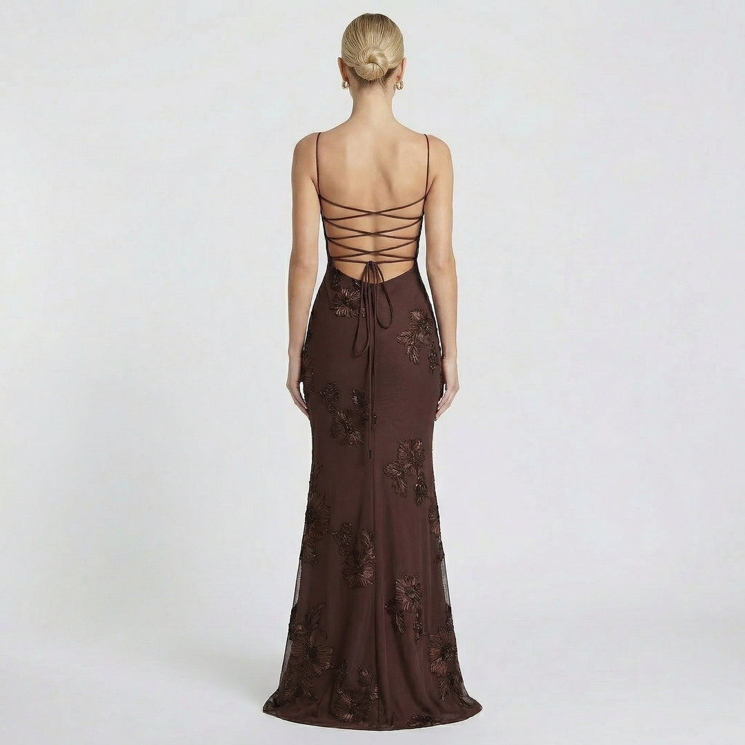 Women's Fitted Maxi Dress Open Back Corset Spaghetti Strap Gown