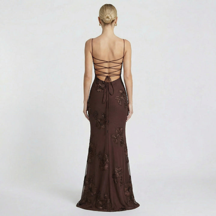 Women's Fitted Maxi Dress Open Back Corset Spaghetti Strap Gown