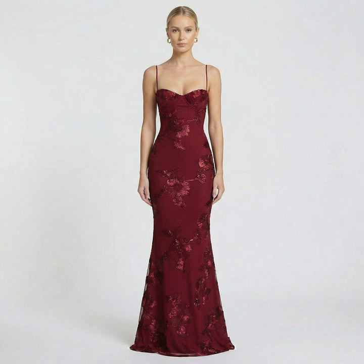 Women's Fitted Maxi Dress Open Back Corset Spaghetti Strap Gown