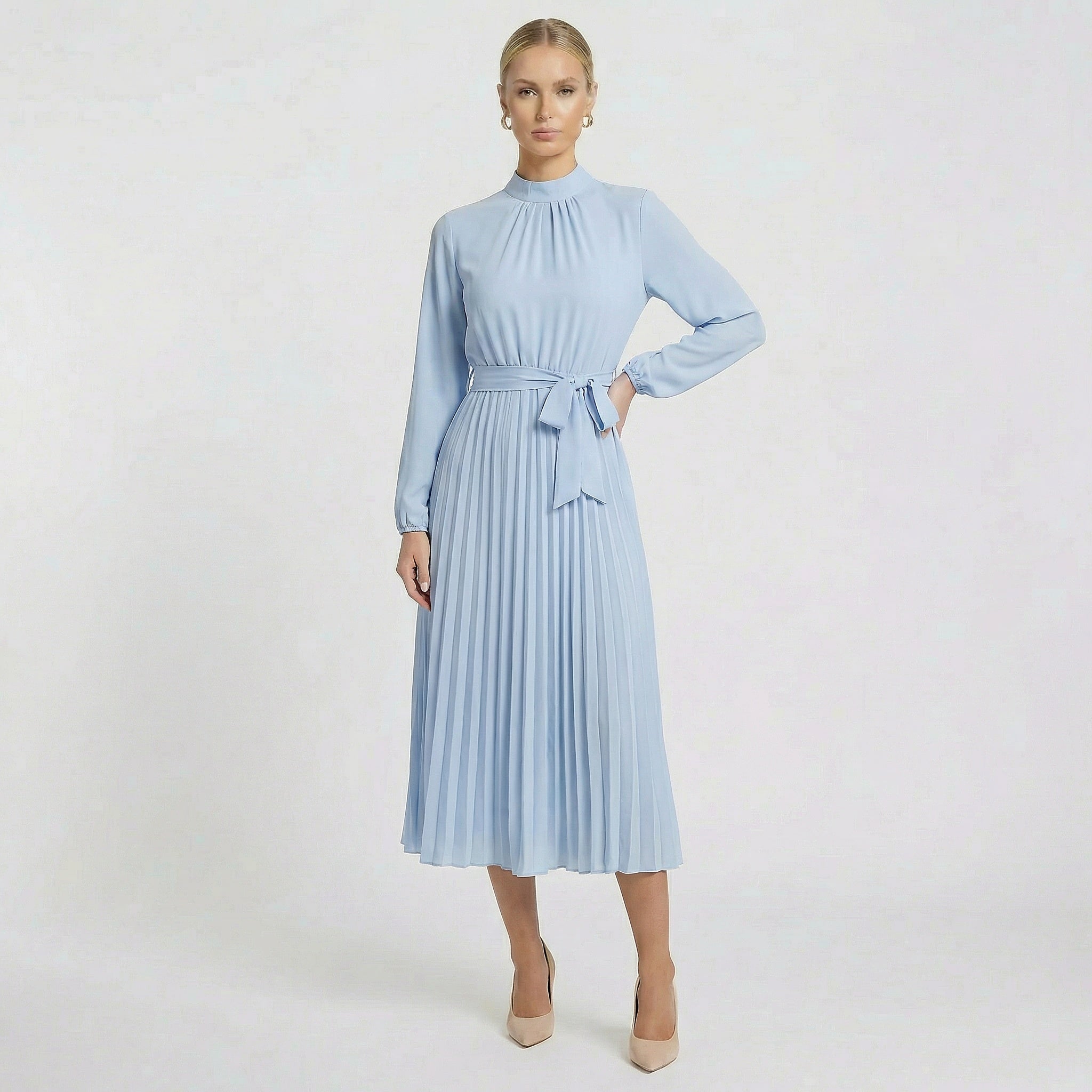 Women’s Long Sleeve Midi Dress Pleated Belted Slim Fit
