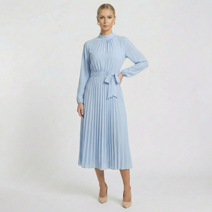 Acethetiq's | Women’s Long Sleeve Midi Dress Pleated Belted Slim Fit