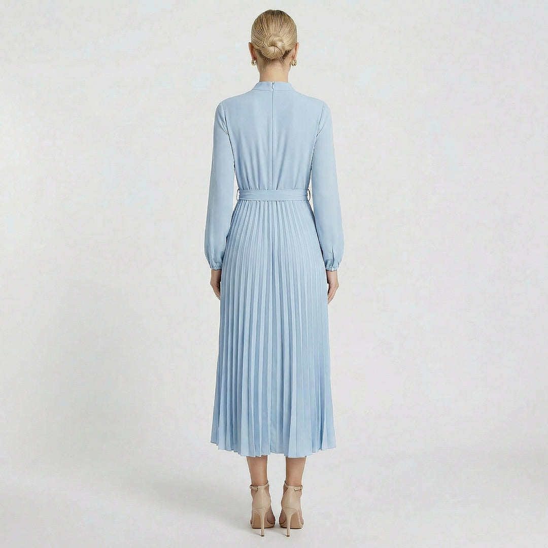 Acethetiq's | Women’s Long Sleeve Midi Dress Pleated Belted Slim Fit