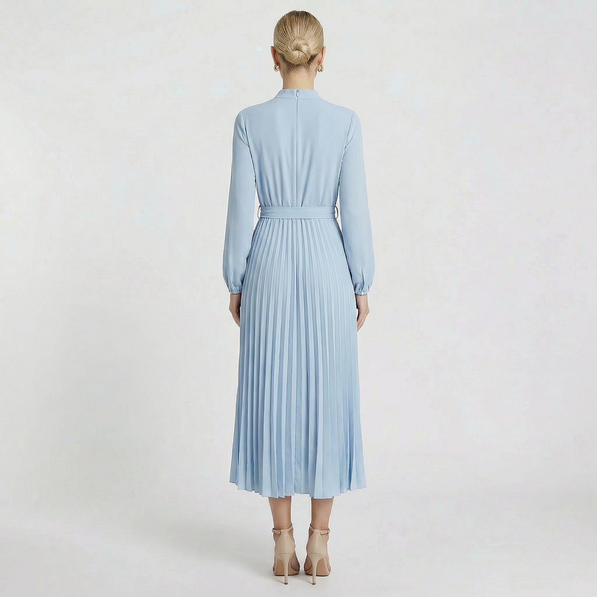 Women’s Long Sleeve Midi Dress Pleated Belted Slim Fit