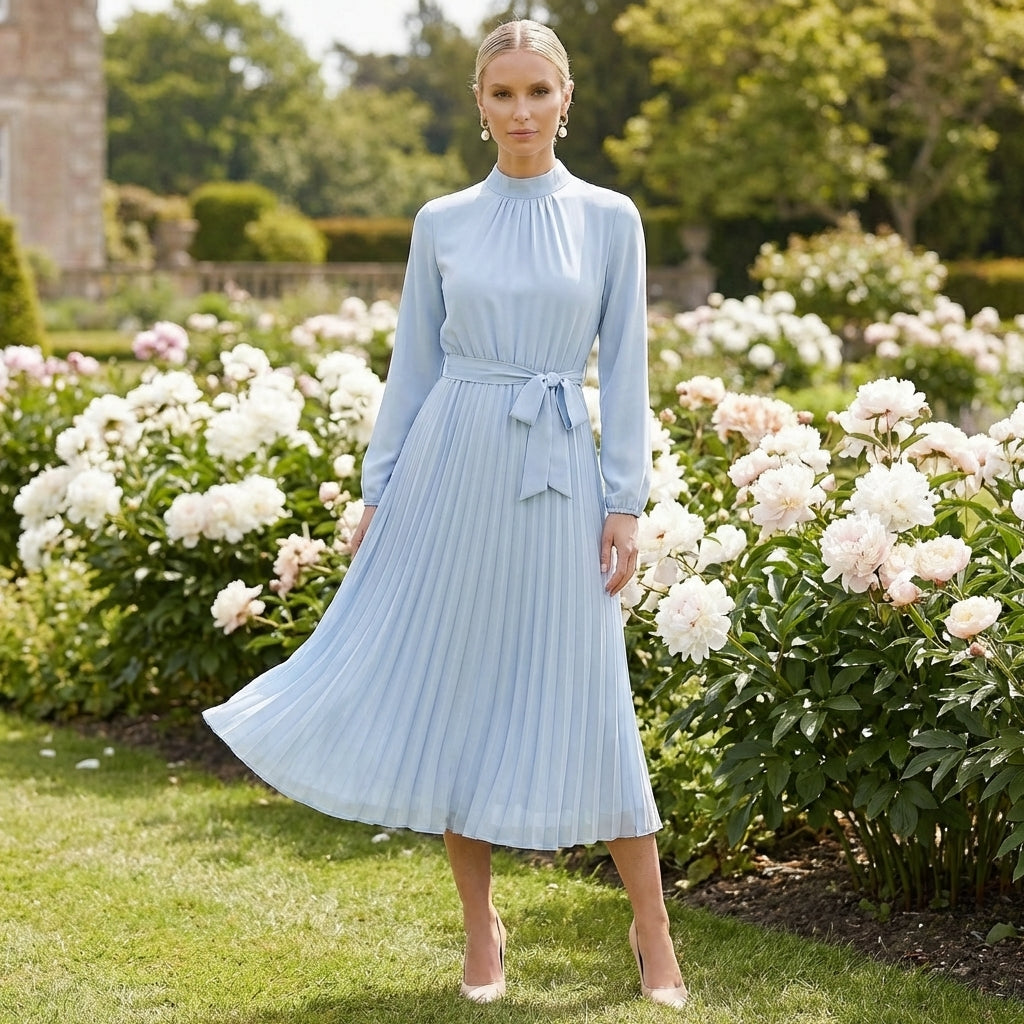 Women’s Long Sleeve Midi Dress Pleated Belted Slim Fit