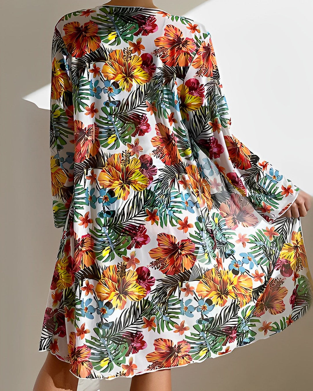 High Waisted Bikini Set for Women in Tropical Print with Matching Cover-Up for Summer Beach Days