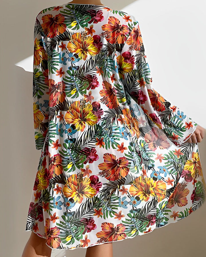 High Waisted Bikini Set for Women in Tropical Print with Matching Cover-Up for Summer Beach Days