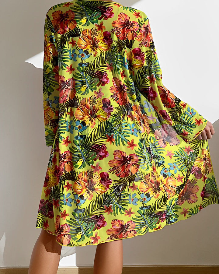 High Waisted Bikini Set for Women in Tropical Print with Matching Cover-Up for Summer Beach Days