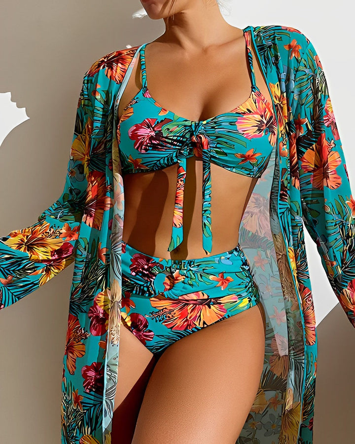 High Waisted Bikini Set for Women in Tropical Print with Matching Cover-Up for Summer Beach Days