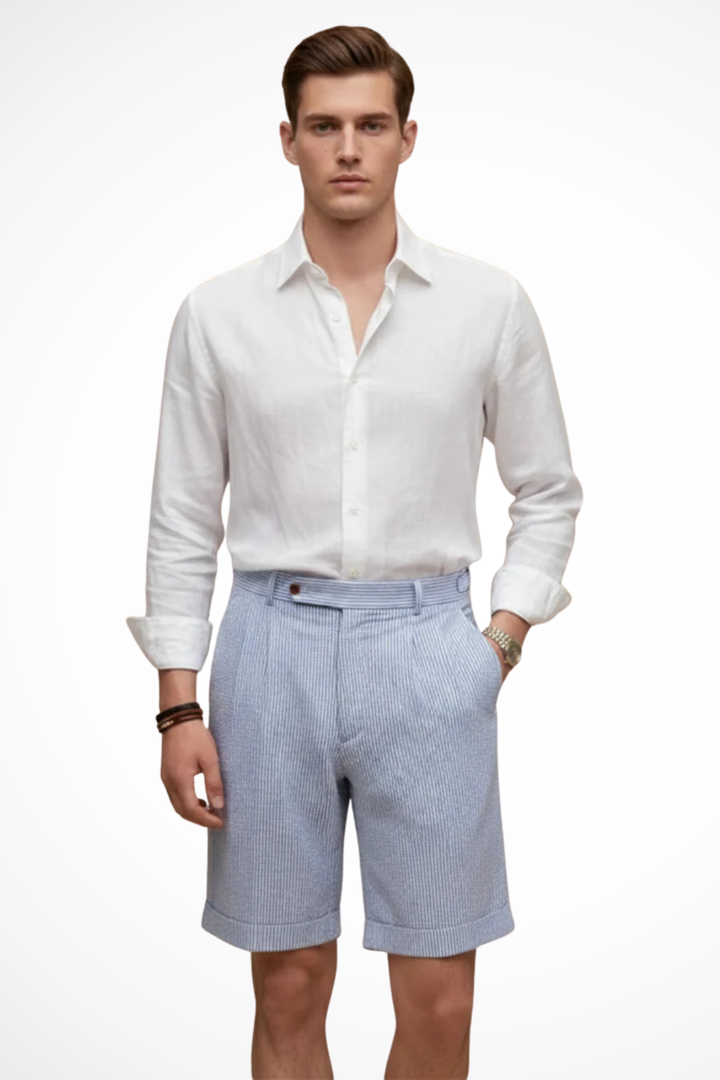 Men's Chino Shorts with High Waist and Vertical Stripes in Seersucker for Summer Outings 0