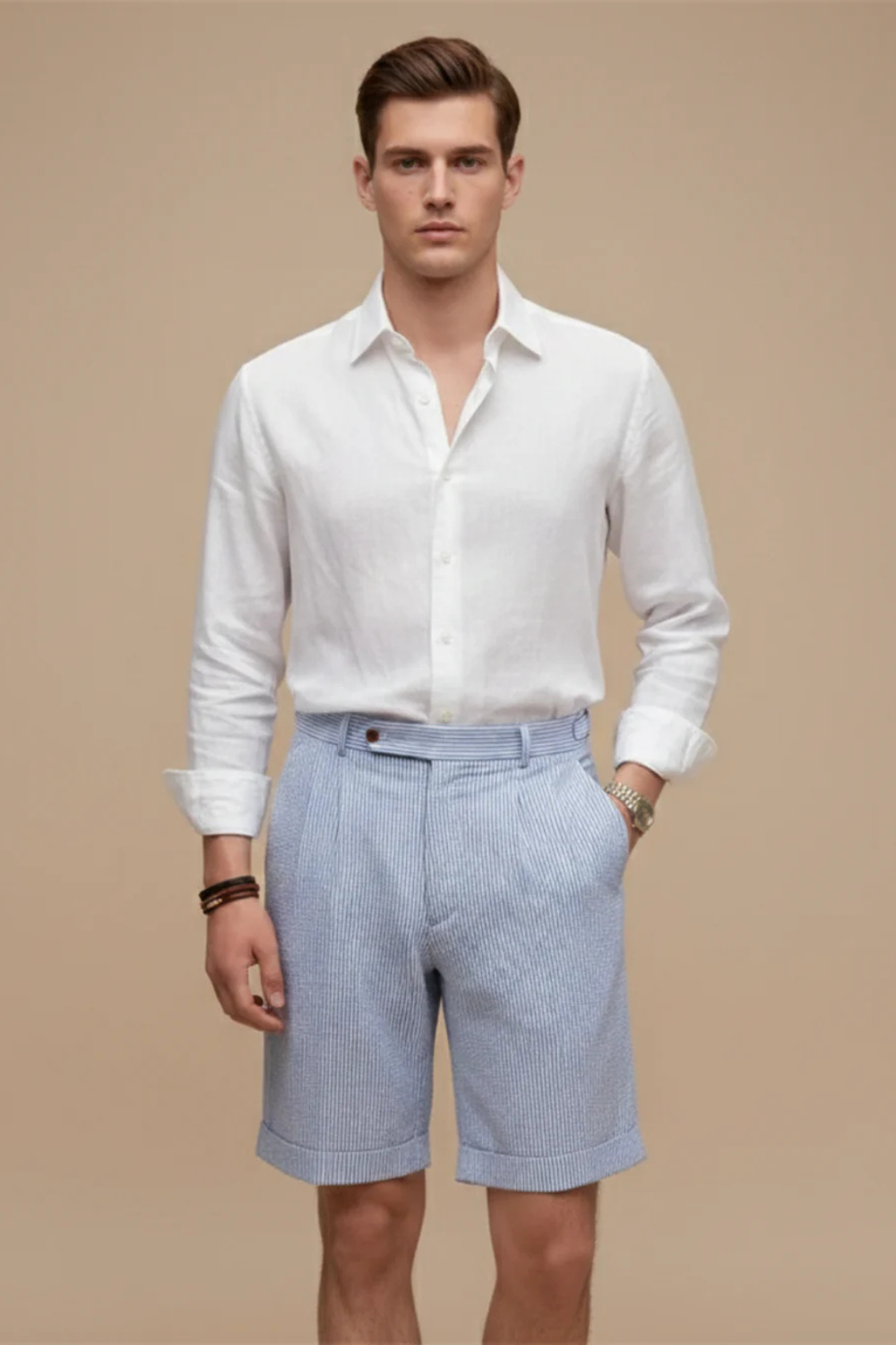 Men's Chino Shorts with High Waist and Vertical Stripes in Seersucker for Summer Outings 1