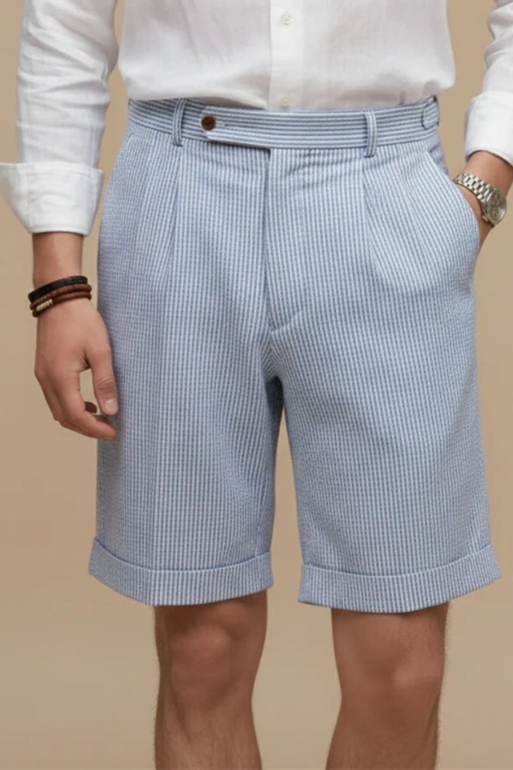 Men's Chino Shorts with High Waist and Vertical Stripes in Seersucker for Summer Outings 2