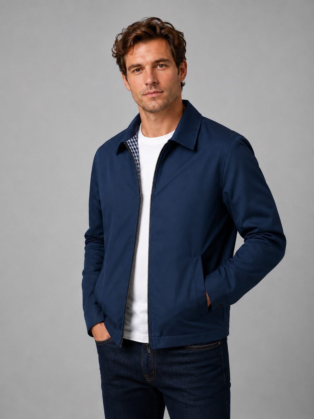 Men's Lightweight Zip Jacket with Structured Collar for Smart Casual Wear