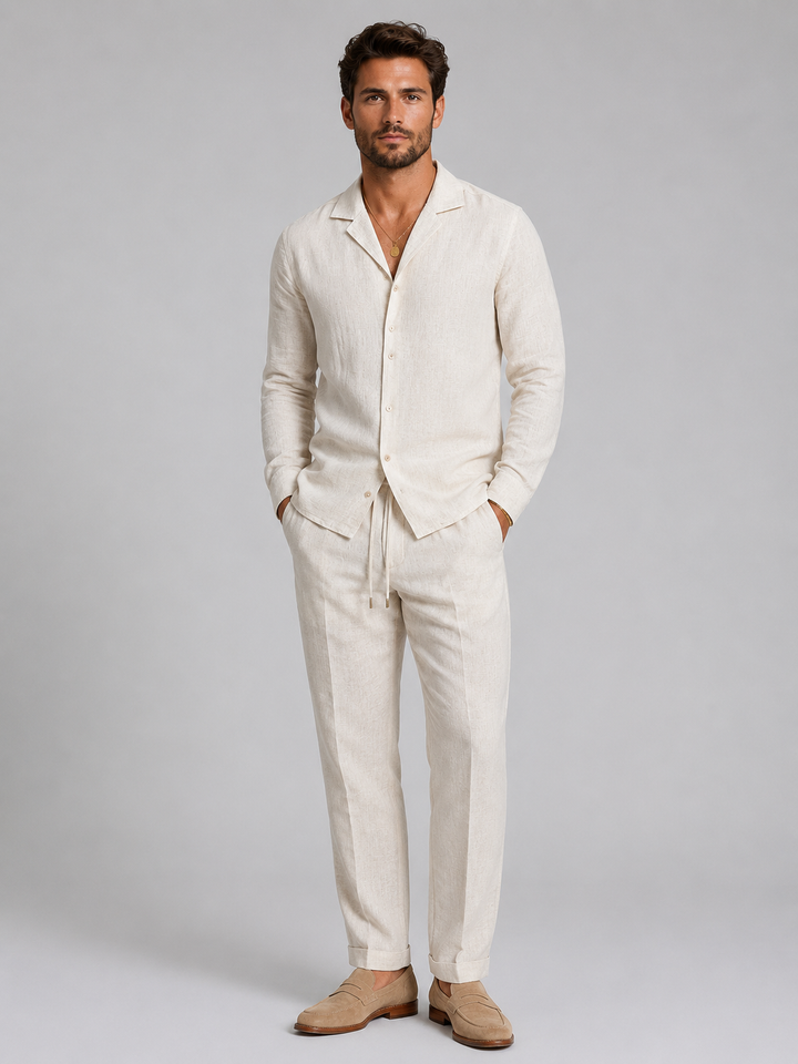 Men's Linen-Style Shirt and Trousers Set in Relaxed Fit for Summer Outings