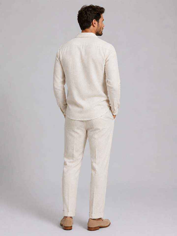 Men's Linen-Style Shirt and Trousers Set in Relaxed Fit for Summer Outings