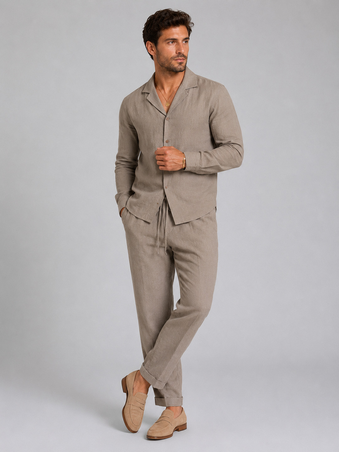 Men's Linen-Style Shirt and Trousers Set in Relaxed Fit for Summer Outings