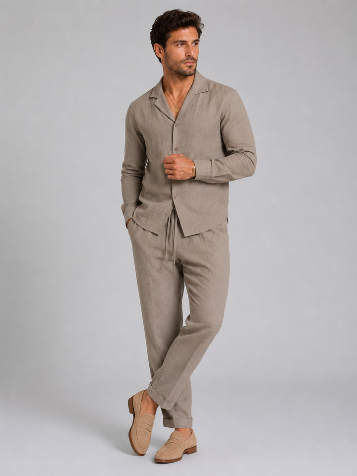 Men's Linen-Style Shirt and Trousers Set in Relaxed Fit for Summer Outings