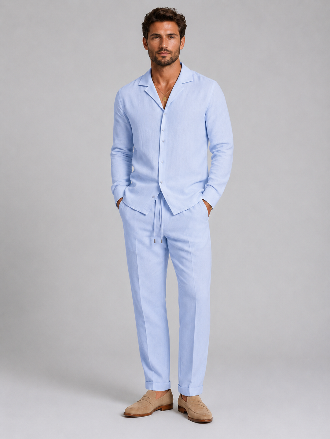 Men's Linen-Style Shirt and Trousers Set in Relaxed Fit for Summer Outings