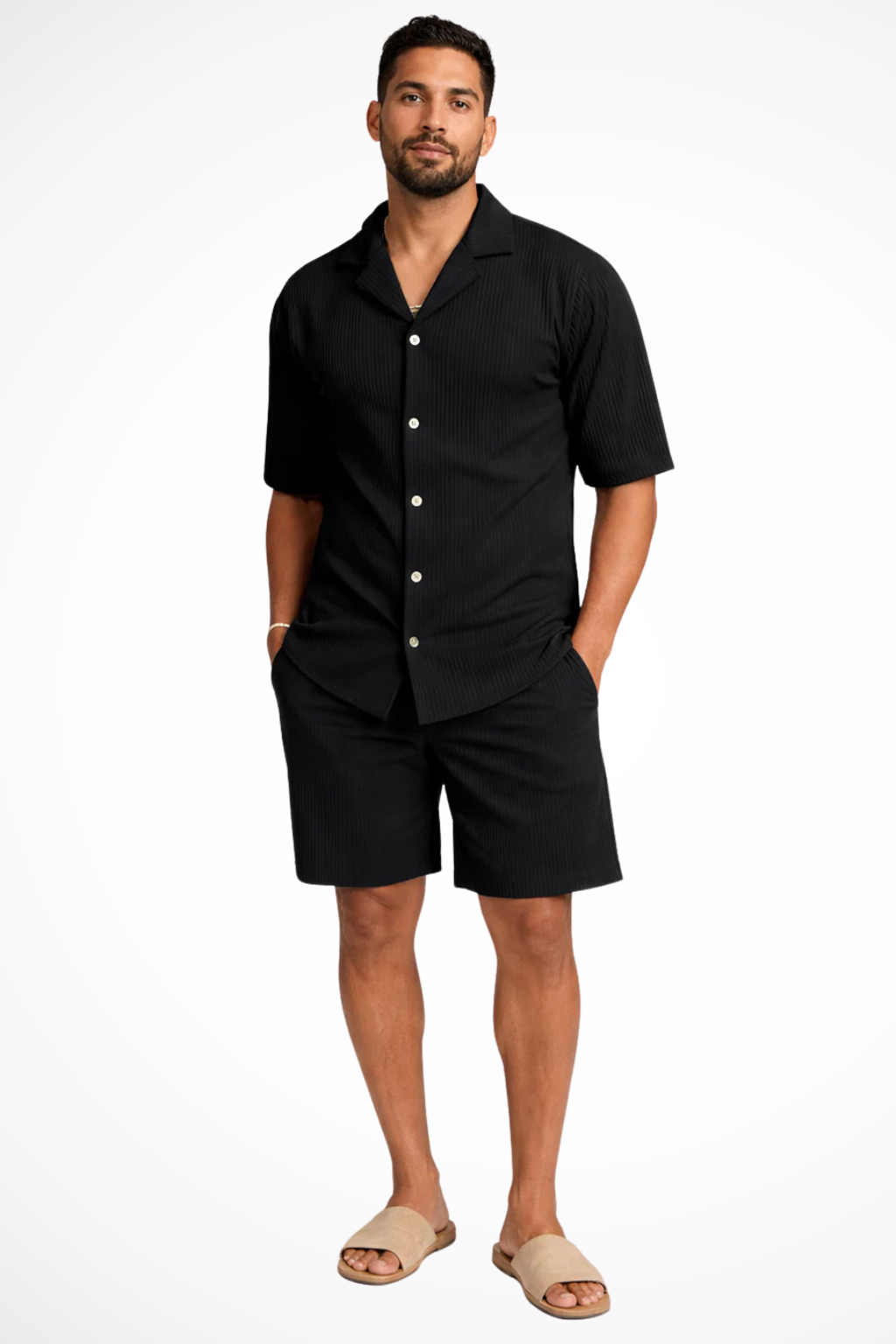 Men's outfit set featuring a textured short sleeve shirt and comfortable shorts, perfect for summer casual wear. 0