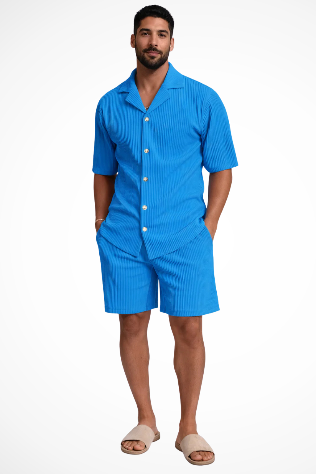 Men's outfit set featuring a textured short sleeve shirt and comfortable shorts, perfect for summer casual wear. 1