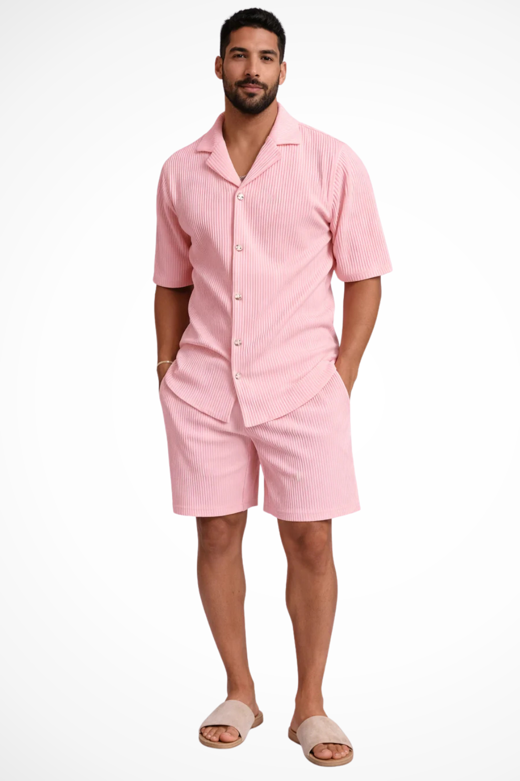 Men's outfit set featuring a textured short sleeve shirt and comfortable shorts, perfect for summer casual wear. 2
