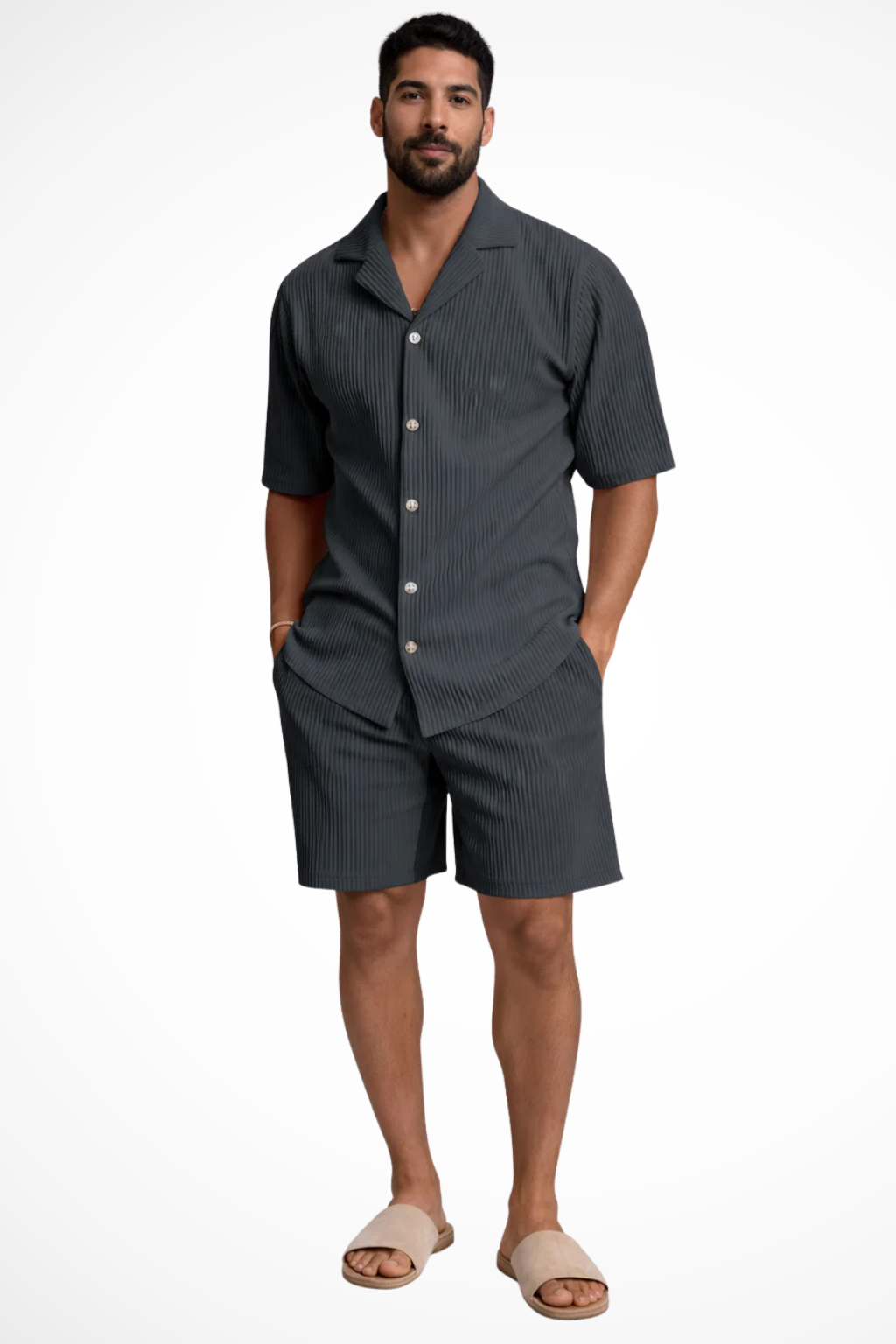 Men's outfit set featuring a textured short sleeve shirt and comfortable shorts, perfect for summer casual wear. 3
