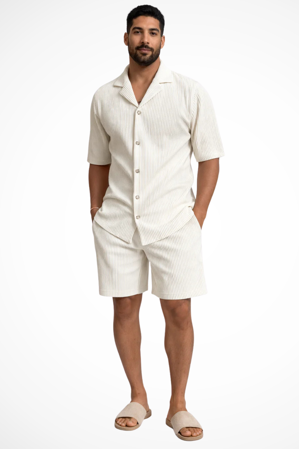 Men's outfit set featuring a textured short sleeve shirt and comfortable shorts, perfect for summer casual wear. 4