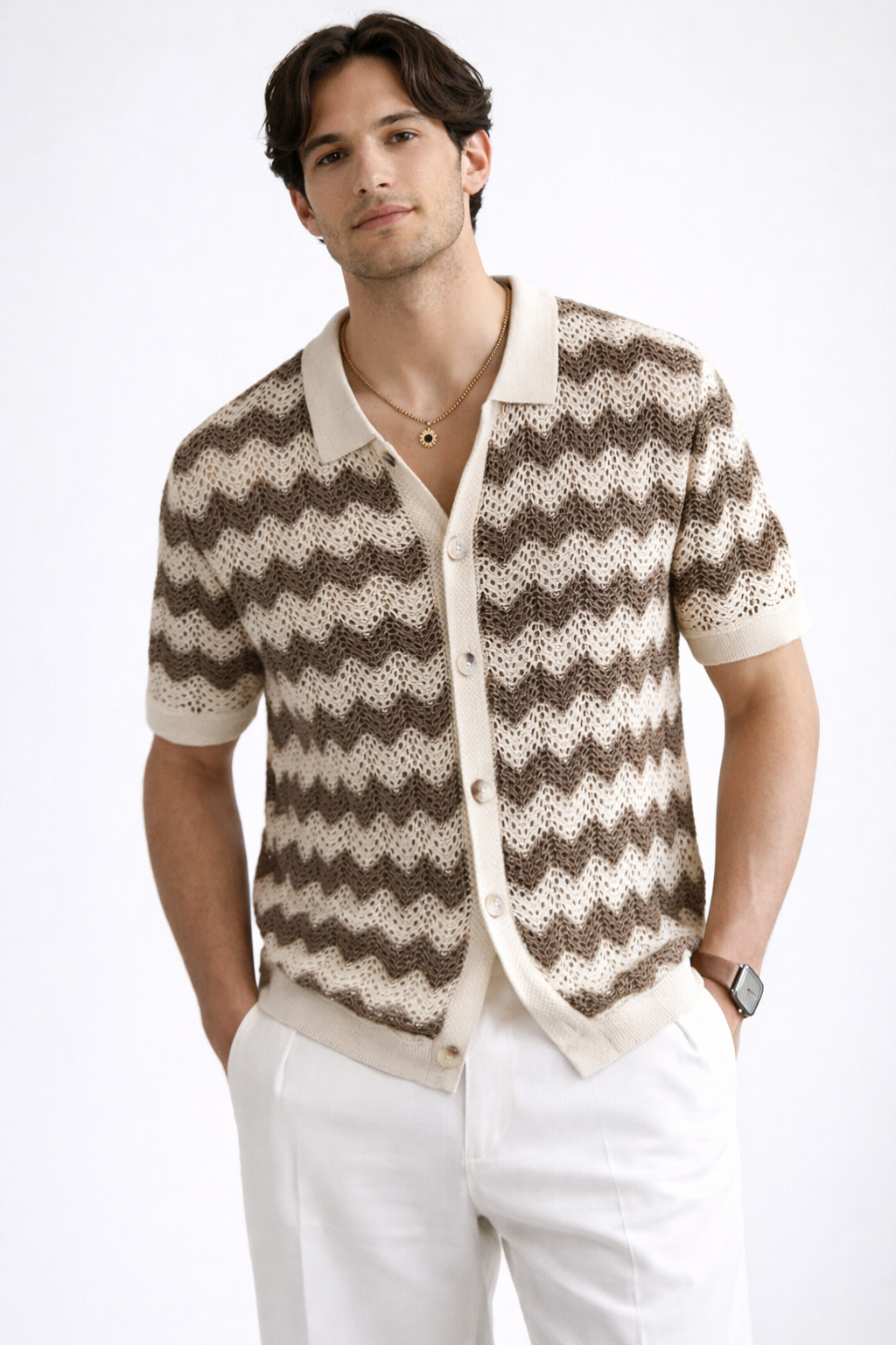 Men's polo shirt featuring a crochet knit zigzag pattern in a relaxed fit, perfect for casual or semi-formal occasions. 0