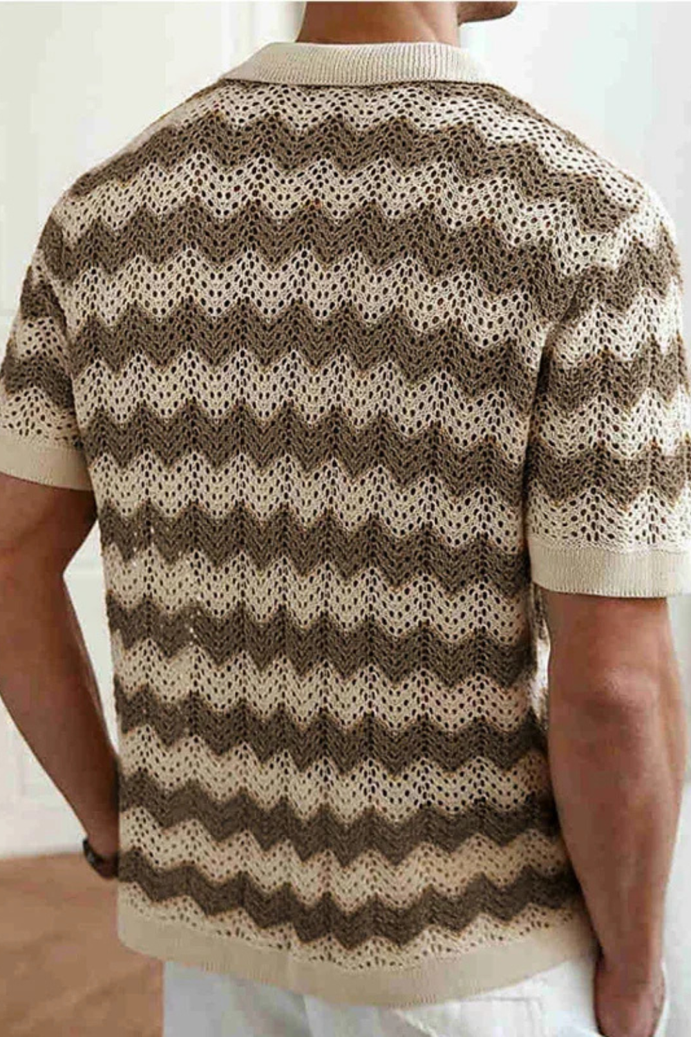 Men's polo shirt featuring a crochet knit zigzag pattern in a relaxed fit, perfect for casual or semi-formal occasions. 1