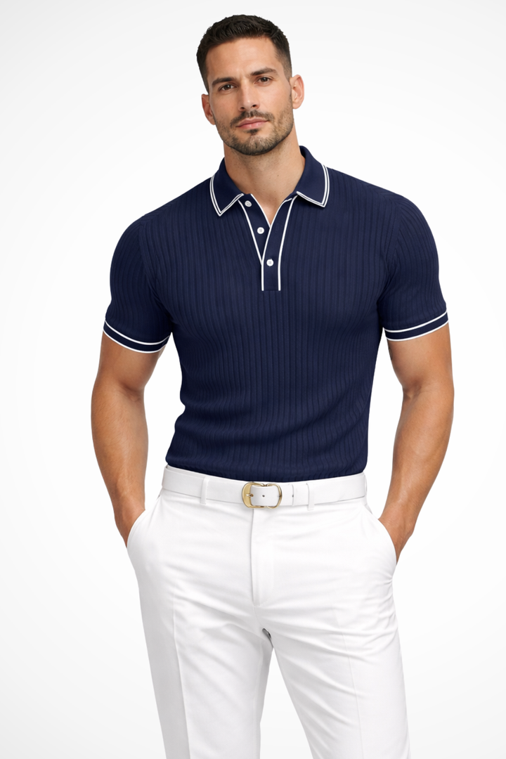 Men's polo shirt made from ribbed knit fabric, featuring a slim fit design and a stylish contrast collar, perfect for casual and smart-casual 0