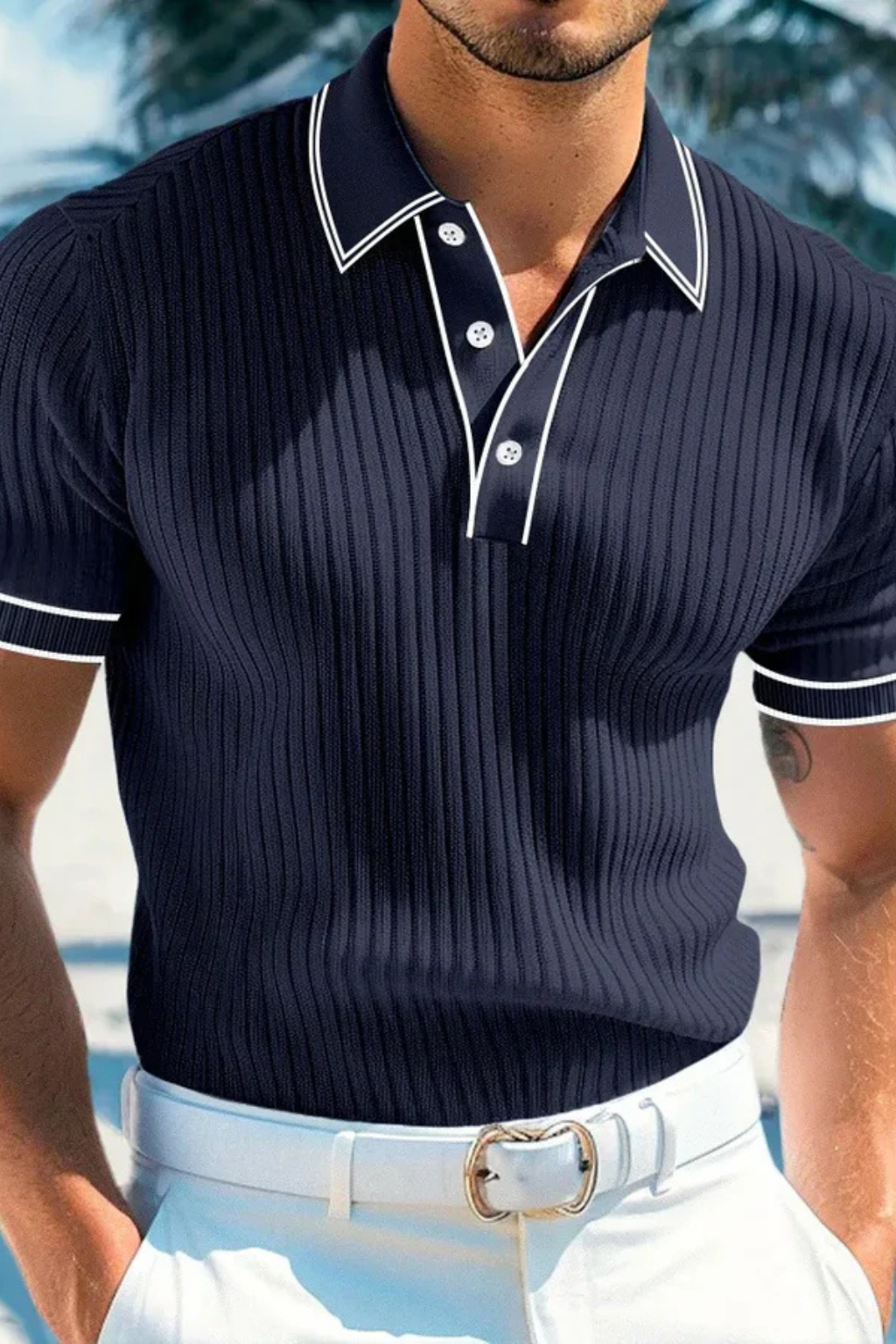 Men's polo shirt made from ribbed knit fabric, featuring a slim fit design and a stylish contrast collar, perfect for casual and smart-casual 1