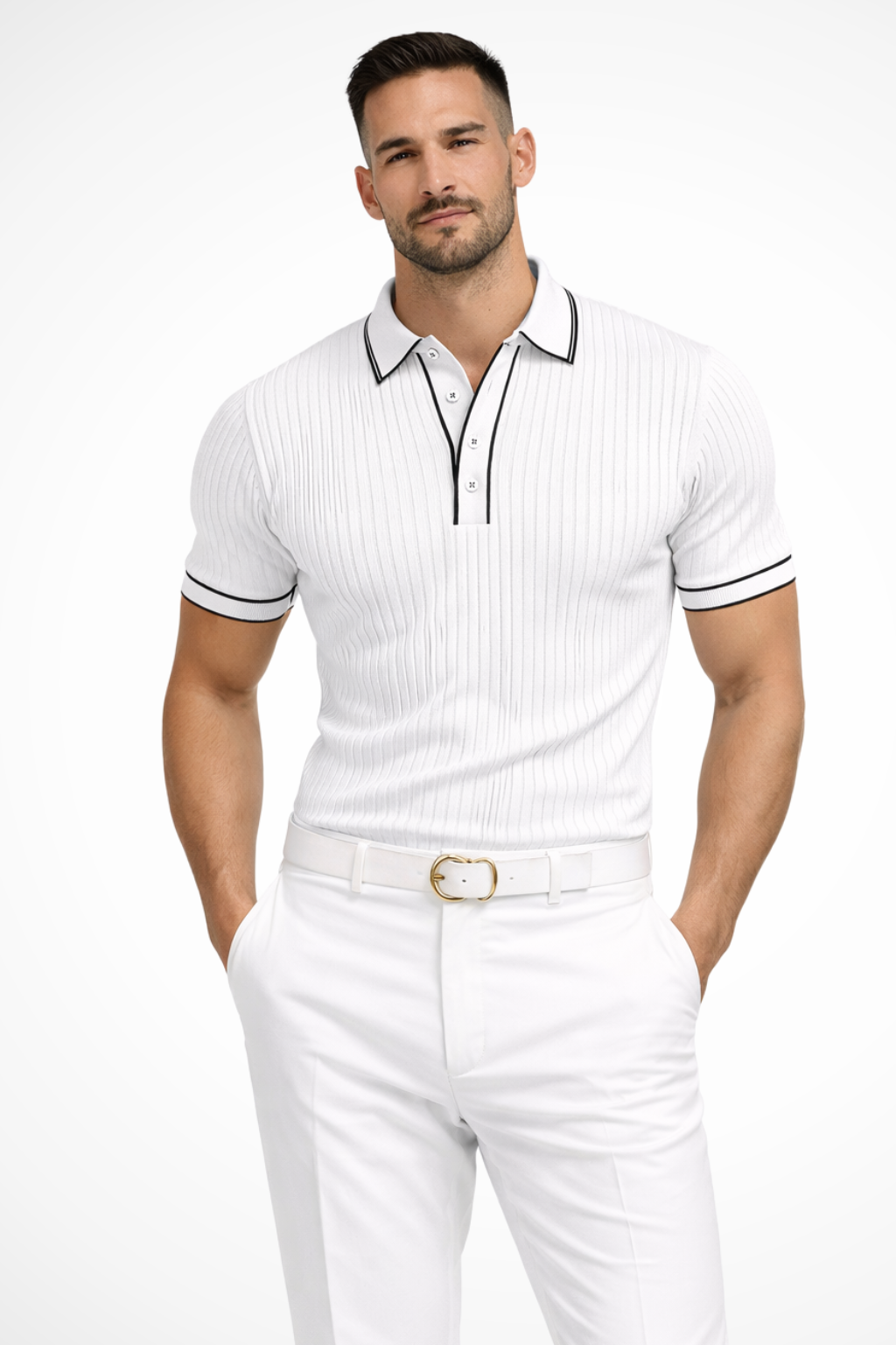 Men's polo shirt made from ribbed knit fabric, featuring a slim fit design and a stylish contrast collar, perfect for casual and smart-casual 4