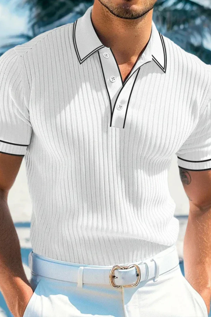 Men's polo shirt made from ribbed knit fabric, featuring a slim fit design and a stylish contrast collar, perfect for casual and smart-casual 5