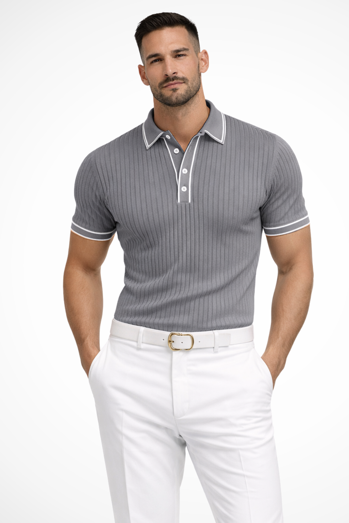 Men's polo shirt made from ribbed knit fabric, featuring a slim fit design and a stylish contrast collar, perfect for casual and smart-casual 6