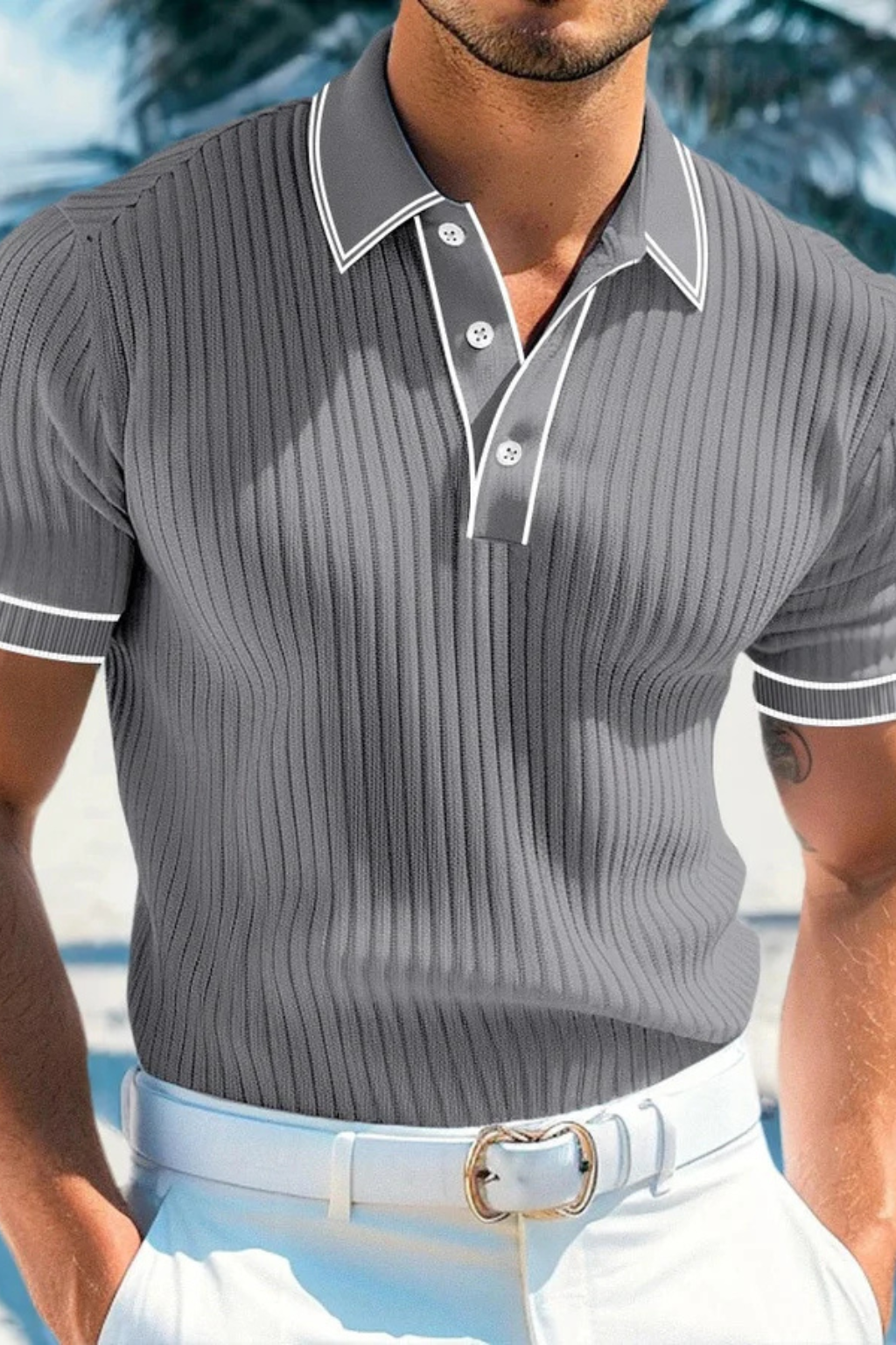 Men's polo shirt made from ribbed knit fabric, featuring a slim fit design and a stylish contrast collar, perfect for casual and smart-casual 7