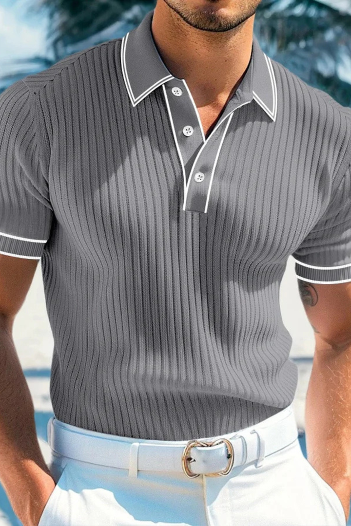 Men's polo shirt made from ribbed knit fabric, featuring a slim fit design and a stylish contrast collar, perfect for casual and smart-casual 7