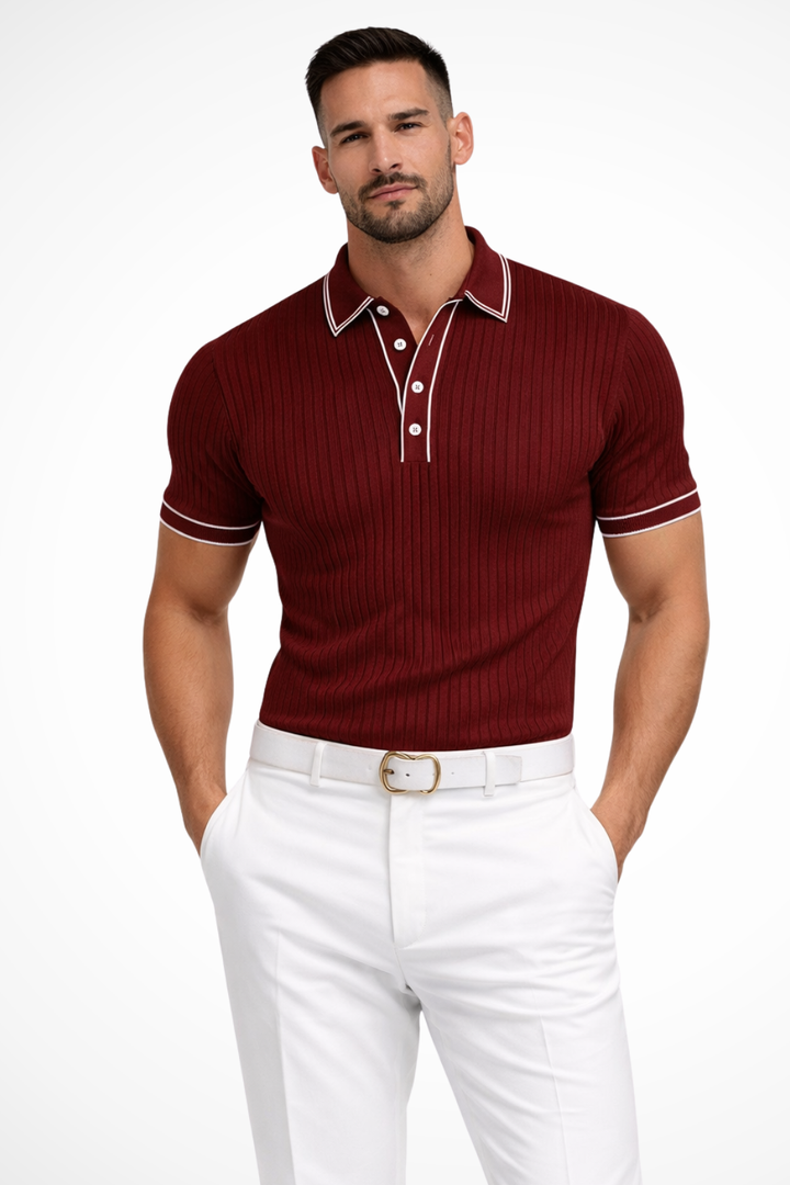 Men's polo shirt made from ribbed knit fabric, featuring a slim fit design and a stylish contrast collar, perfect for casual and smart-casual 8