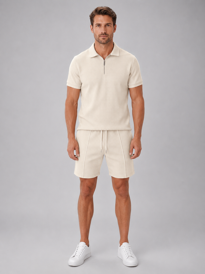Men's Polo Shirts with Modern Zip Design and Relaxed Fit Shorts for Casual Summer Outings