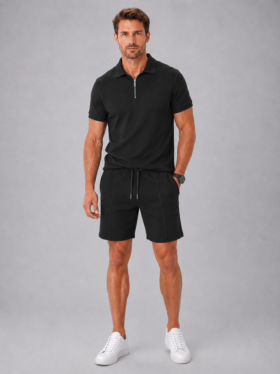 Men's Polo Shirts with Modern Zip Design and Relaxed Fit Shorts for Casual Summer Outings