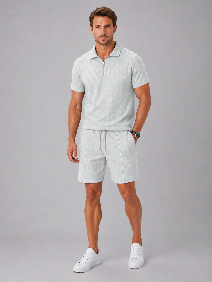 Men's Polo Shirts with Modern Zip Design and Relaxed Fit Shorts for Casual Summer Outings