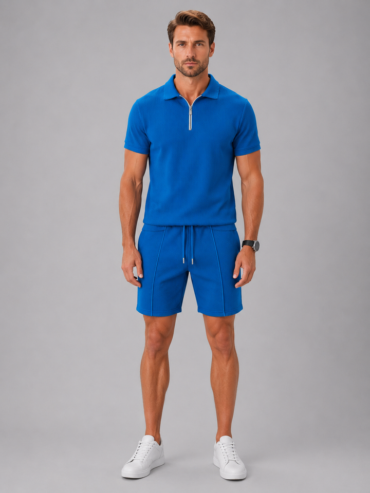 Men's Polo Shirts with Modern Zip Design and Relaxed Fit Shorts for Casual Summer Outings