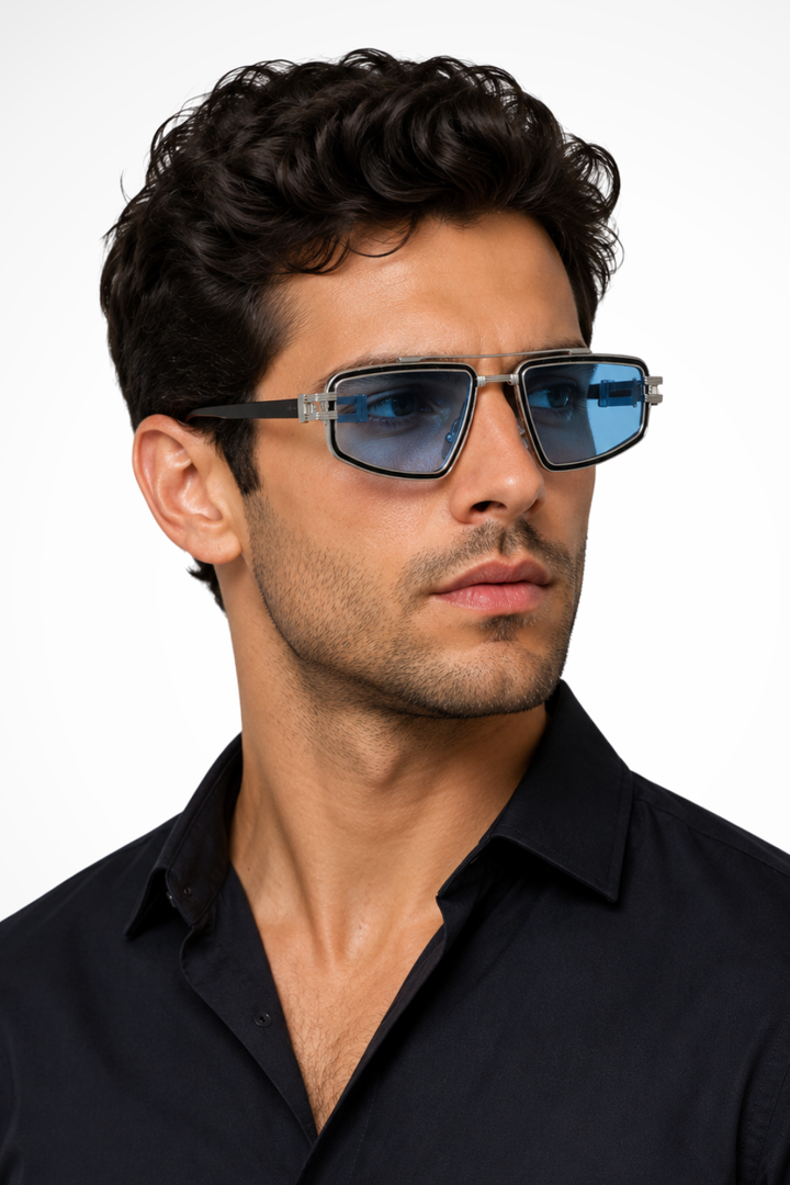 Men's Retro Square Sunglasses Double Bridge Blue Lenses