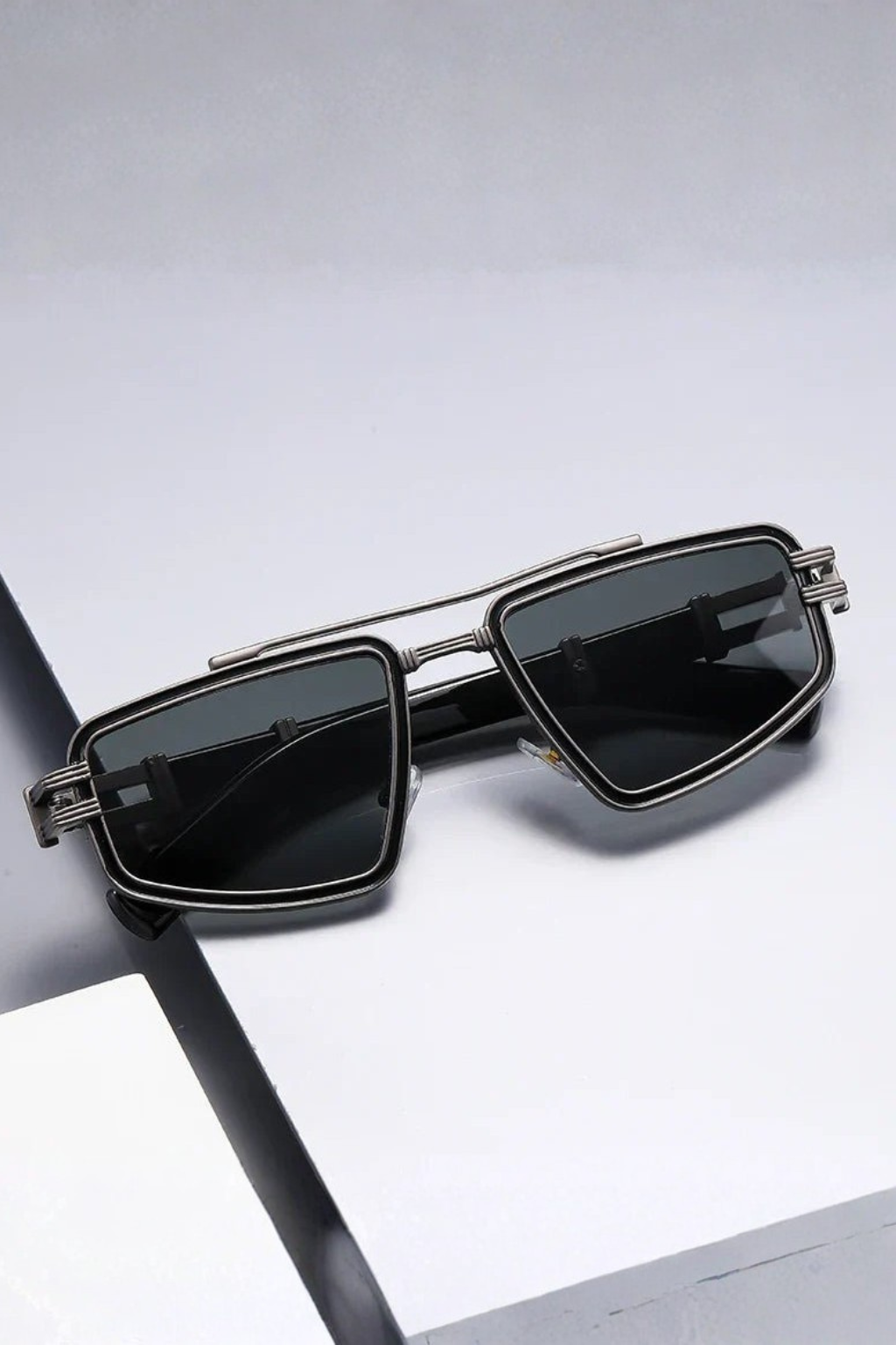Men's Retro Square Sunglasses Double Bridge Blue Lenses