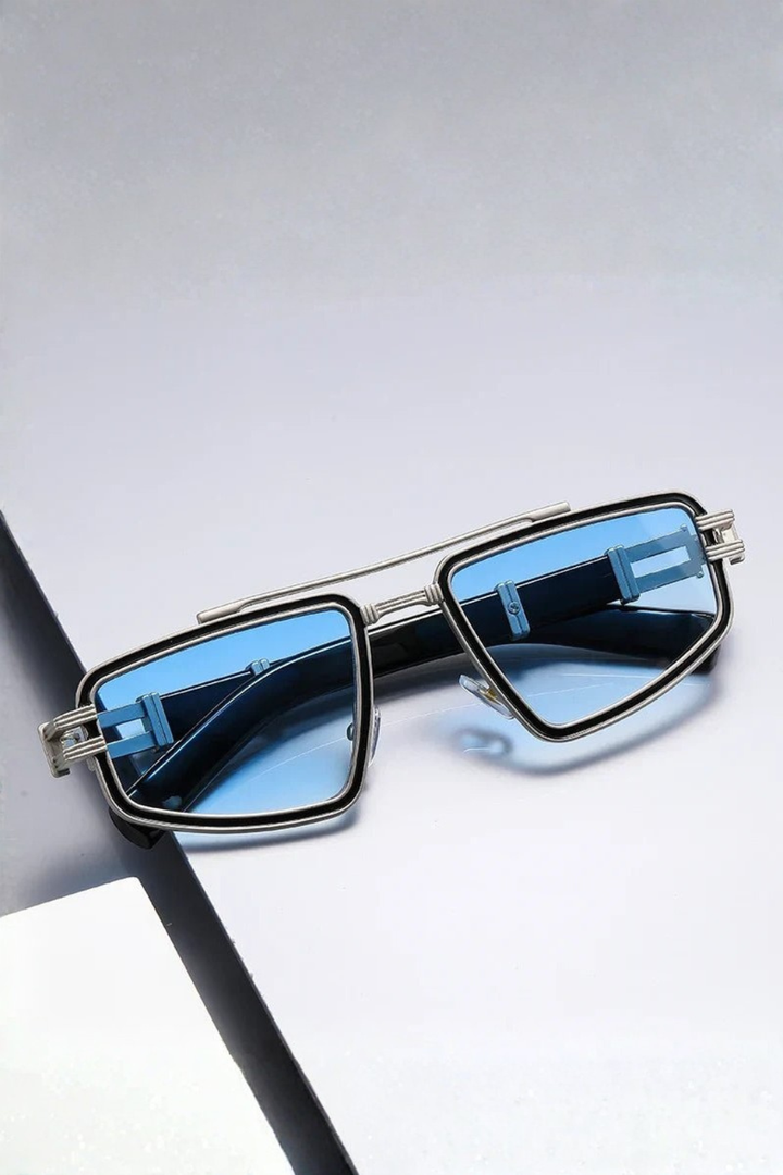 Men's Retro Square Sunglasses Double Bridge Blue Lenses