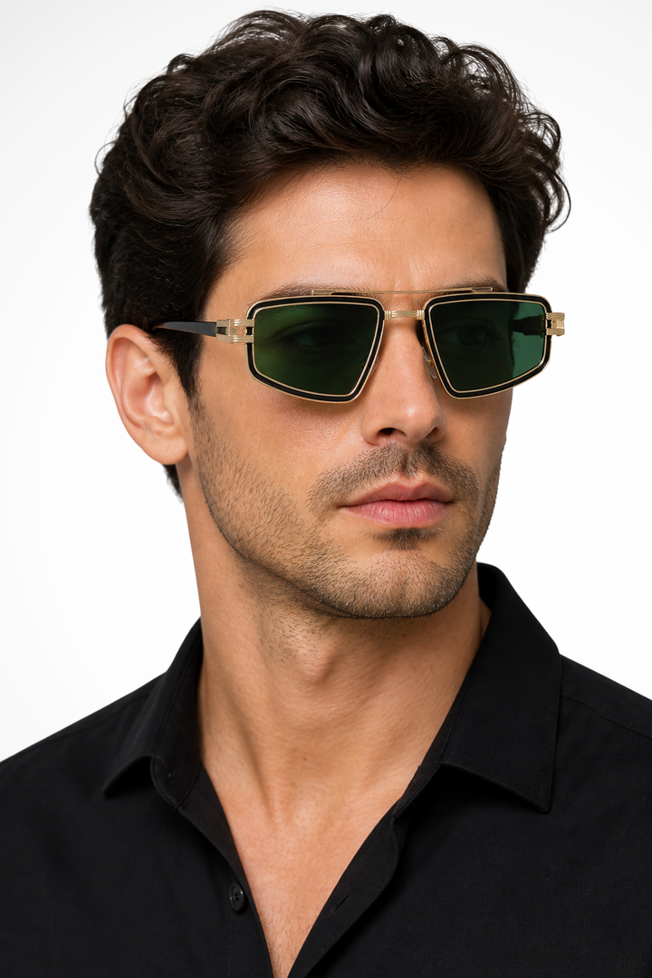 Men's Retro Square Sunglasses Double Bridge Blue Lenses
