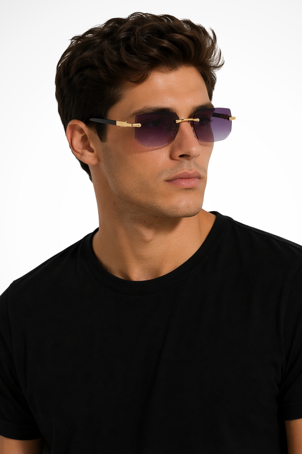Men's Rimless Rectangle Sunglasses with Gold Detail
