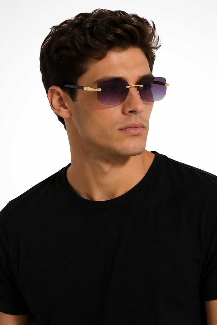 Men's Rimless Rectangle Sunglasses with Gold Detail