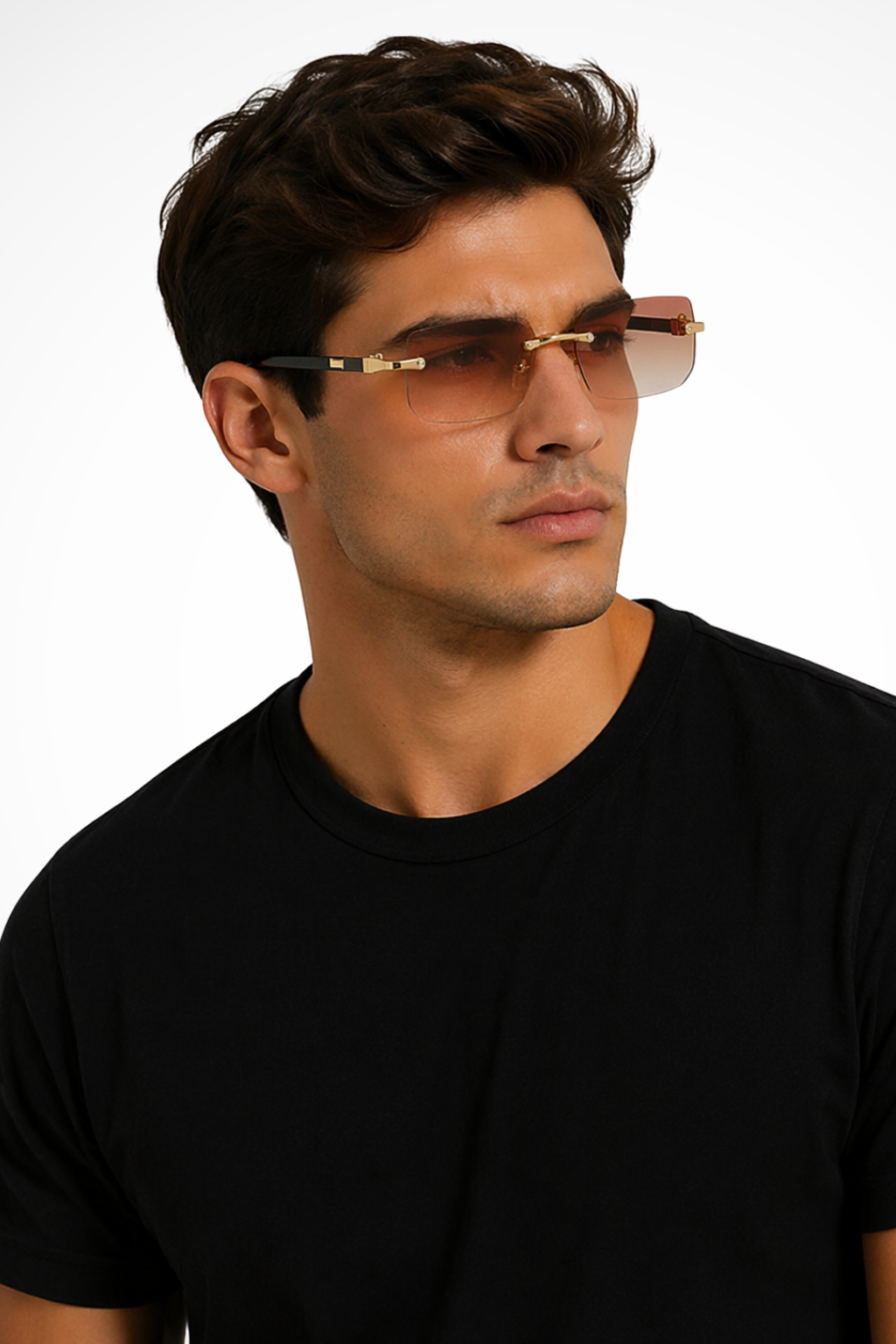 Men's Rimless Rectangle Sunglasses with Gold Detail