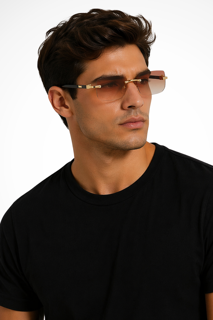 Men's Rimless Rectangle Sunglasses with Gold Detail