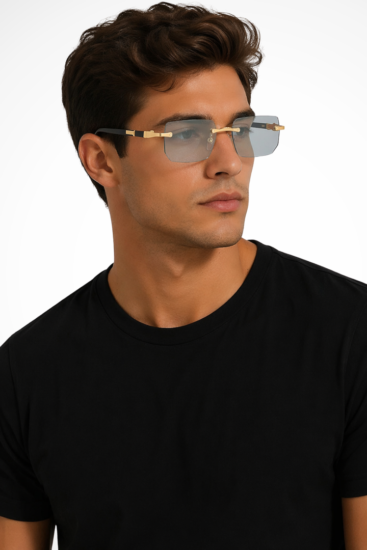 Men's Rimless Rectangle Sunglasses with Gold Detail